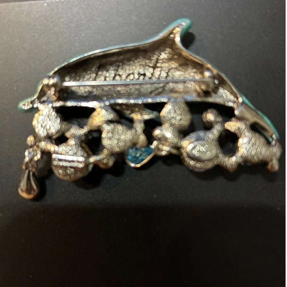 Kirks‎ Folly Dolphin Brooch Pin Teal Enamel AB Crystal Dangle Silver Tone 3 Inch